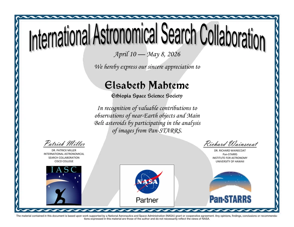 Certificate of appreciation for Elsabeth Mahteme, April 10 to May 8, 2026